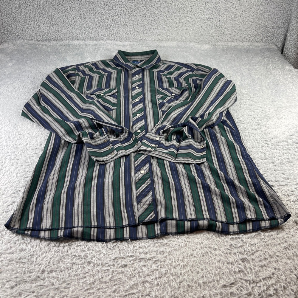Wrangler Western Shirt Mens XLT Tall Green Blue Striped Pearl Snap Long Sleeve
